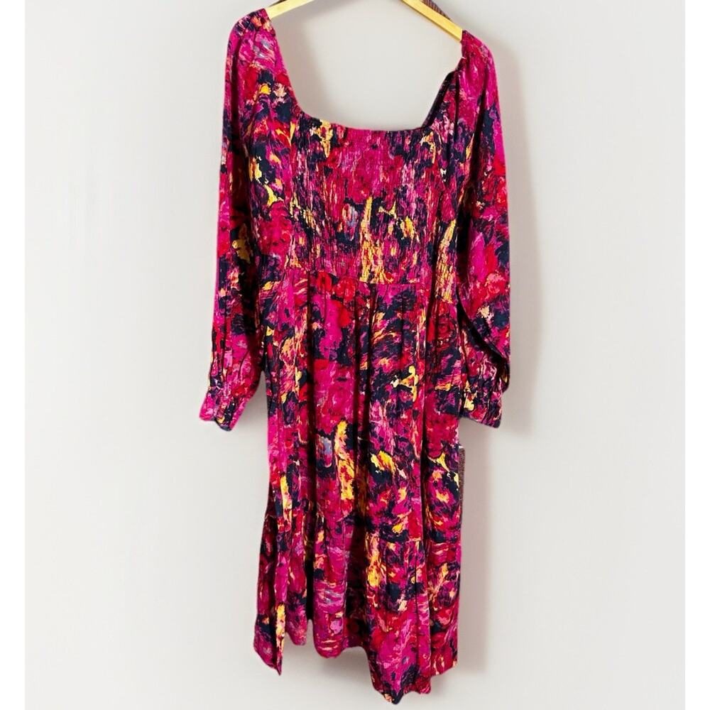 Womens Terra & Sky 2X Midi Dress Pink Magenta Floral Flowy Feminine Smocked Boho